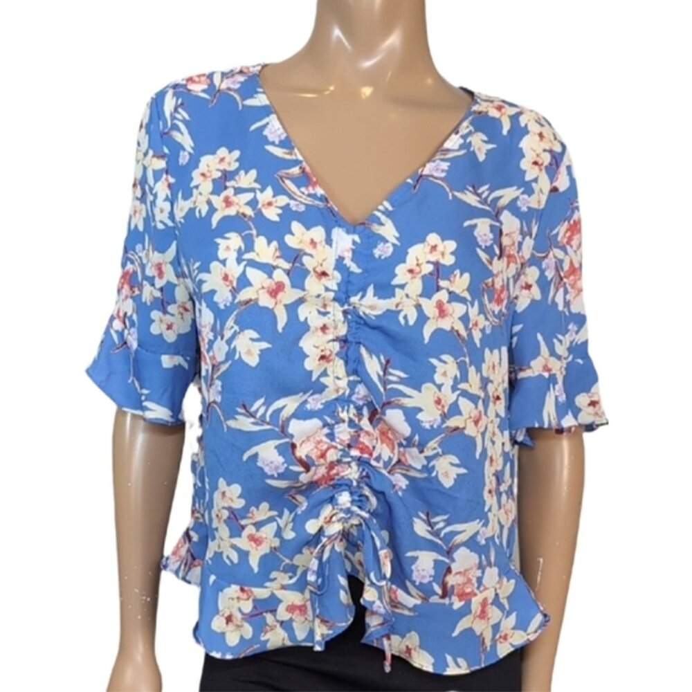 💠George Floral Womens Blouse Womens Large Blue Ruffled Short Sleeve Vneck